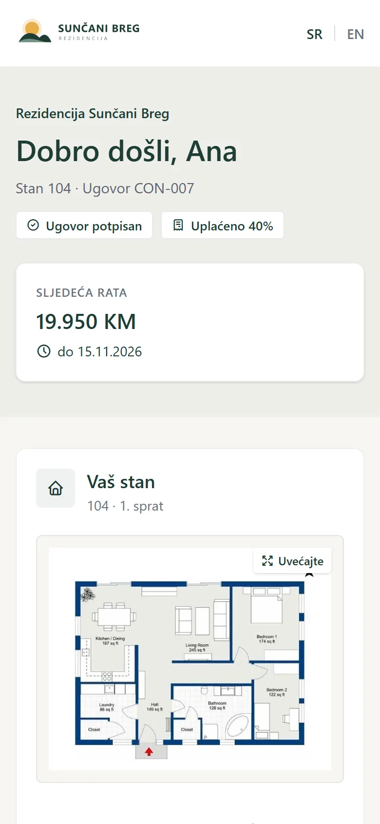 Stranica kupca na telefonu: sljedeća rata i uplate